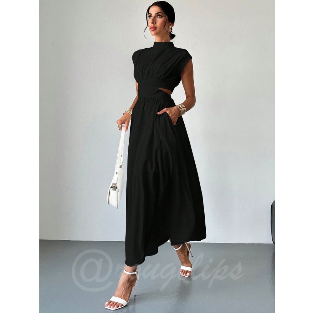 Black Long Dress High Neck Cut Out Back Flared Skirt Sleeveless - Picture 4 of 10